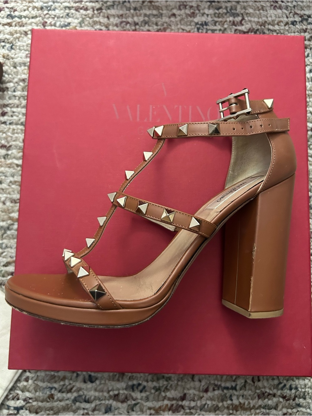 Valentino Brown Leather High Block Heel Sandals - Picture 4 of 12